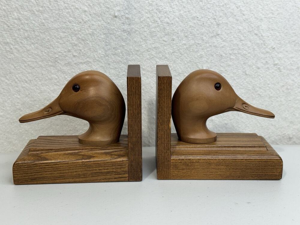 Vintage Parke-Davis Hand-Crafted Solid Wood Duck Head Bookends MCM Cottage Cabin